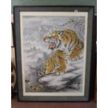 A large Japanese oil on canvas of a winter mountain scene with snarling tiger, signed,