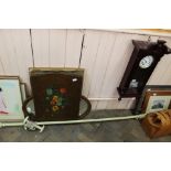 A modern mahogany wall clock, curtain pole and rings,