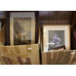 A marine scene plus other watercolours and pictures plus a few books (three boxes)