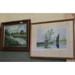 A framed oil on board of the river Waveney at Bungay by F T Searle plus a framed and glazed limited