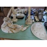 A Booths part fruit set, tobacco jar plus other china and glass, a pair of alabaster table lamps,