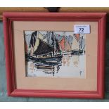 Rowland Fisher watercolour of sailboats, signed verso,