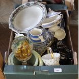 Various china and metal ware plus two large Majolica vases and a large plate (two boxes)