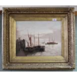 E Fletcher oil on canvas of a port scene with moored vessels,