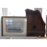 A piano chord zither plus a 19th Century print H M Troopship 'Transit'