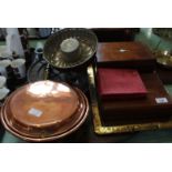 A Victorian copper warming pan and brass tray,