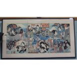A Japanese woodblock print in three sections depicting domestic and battle scenes,