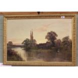 A signed oil on canvas of a river scene with farmhouse and bridge,