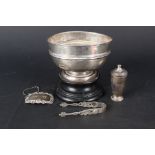 A silver bowl on stand (as found), silver pepper,