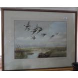 Roland Green watercolour of a wetland scene with birds in flight,