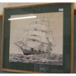 J A Gowing black and white print of a galleon at full sail,