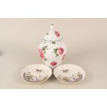 A continental porcelain rose decorated lidded jar plus two 19th Century Italian saucers with relief