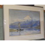 A watercolour of Mt Fuji with boats in foreground, signed Bunsai Loki,
