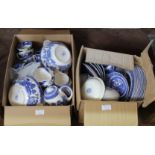 Various Willow pattern and other china and glass plus an ivorine hand mirror (three boxes)