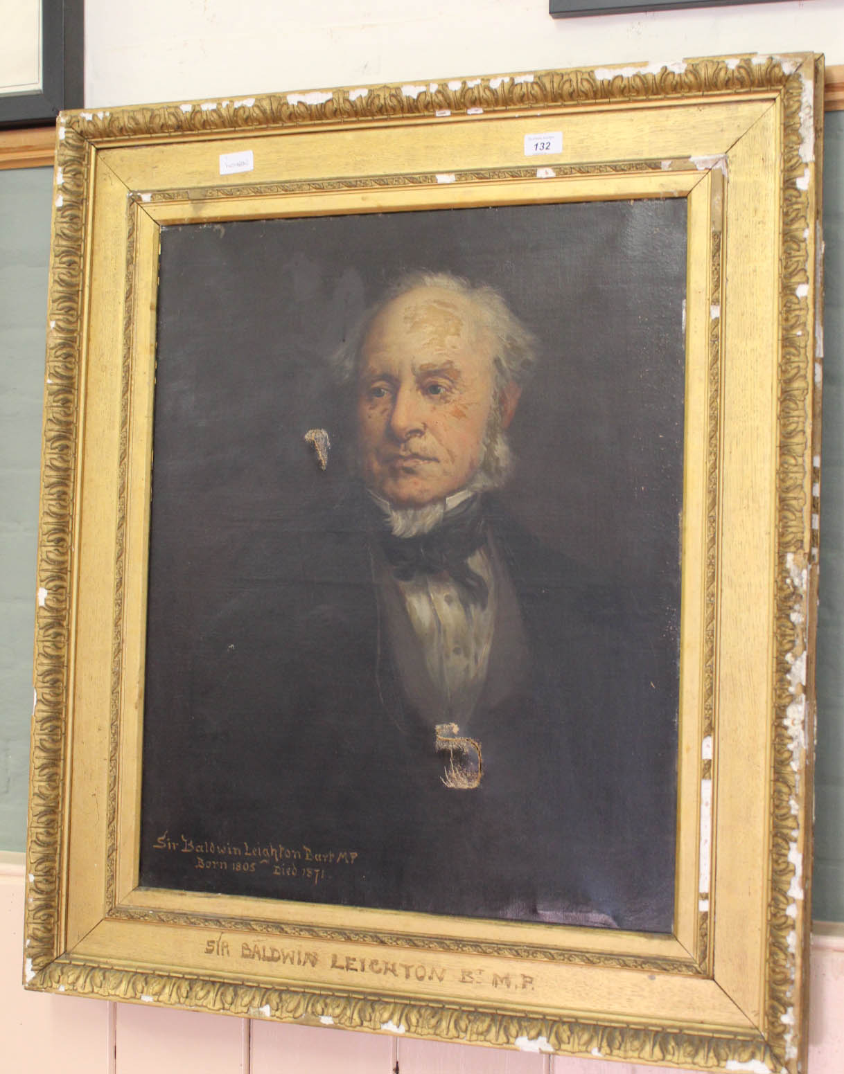 A Victorian oil on canvas of a half length portrait of Sir Baldwin Leighton Bart MP (1805-1871),