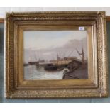 E Fletcher oil on canvas of a port scene with barges and other vessels,