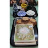 Three boxed Beswick Beatrix Potter plates plus Murano glass and other china (two trays)