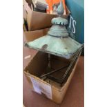 A large 19th Century verdigris copper street lantern with finial chimney top in good condition and