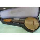 A cased banjo and a ukulele