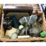 A picnic basket containing a Shelley butterfly decorated vase,