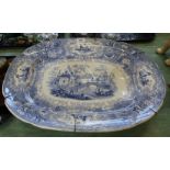 A Victorian blue and white well and tree landscape meat plate