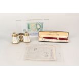 Mother of pearl opera glasses, Schaeffer fountain pen, perspex case,