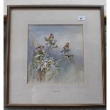 Roland Green watercolour of goldfinches on bush perch,