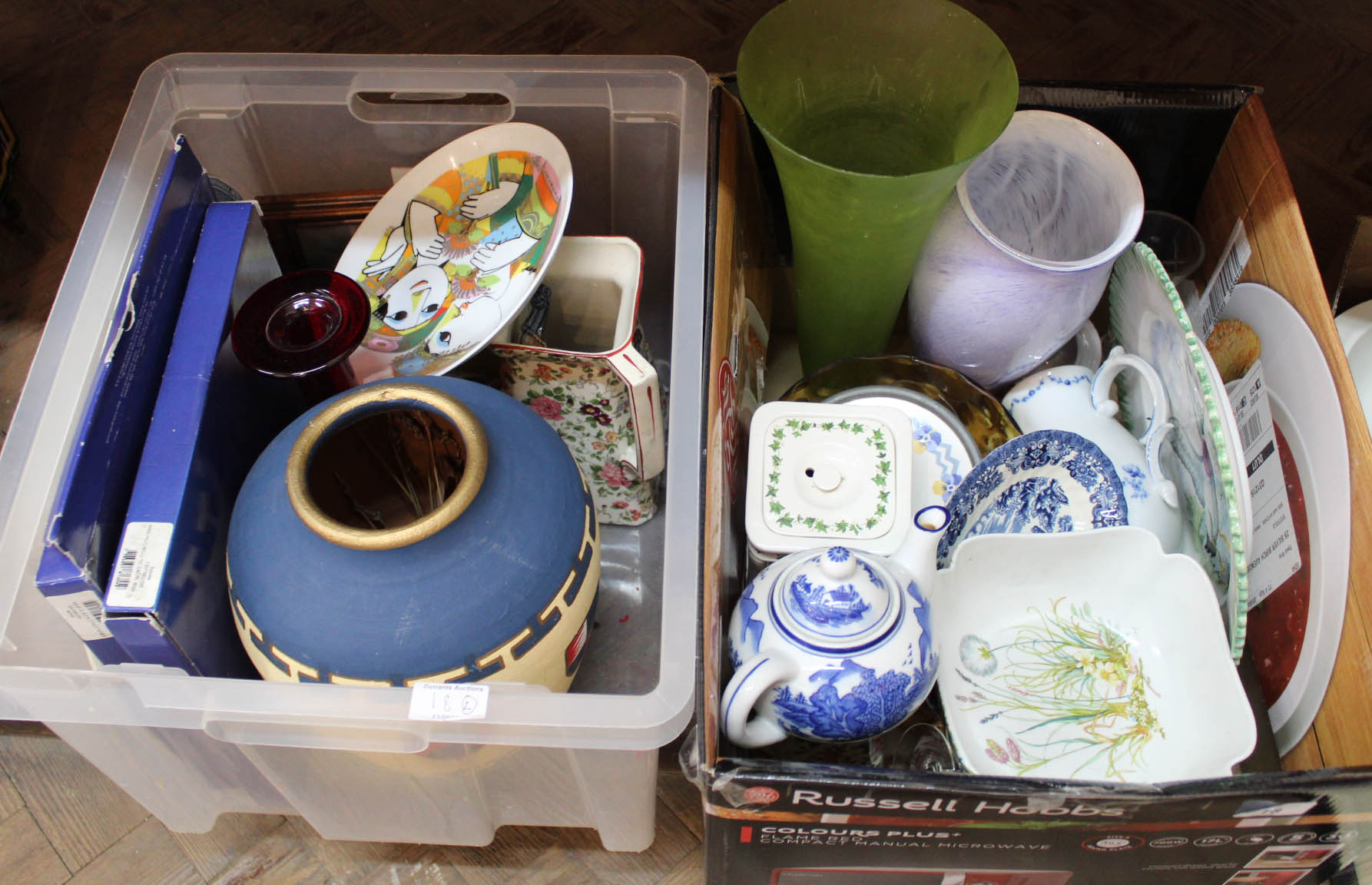 Spode plates plus other china and glass (two boxes)