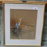 Roland Green watercolour of a marsh scene with heron,
