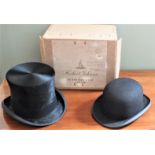 A Herbert Johnson silk top hat in original box and a bowler hat