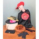 A Chinese silk dress, an evening clutch bag, several hats,