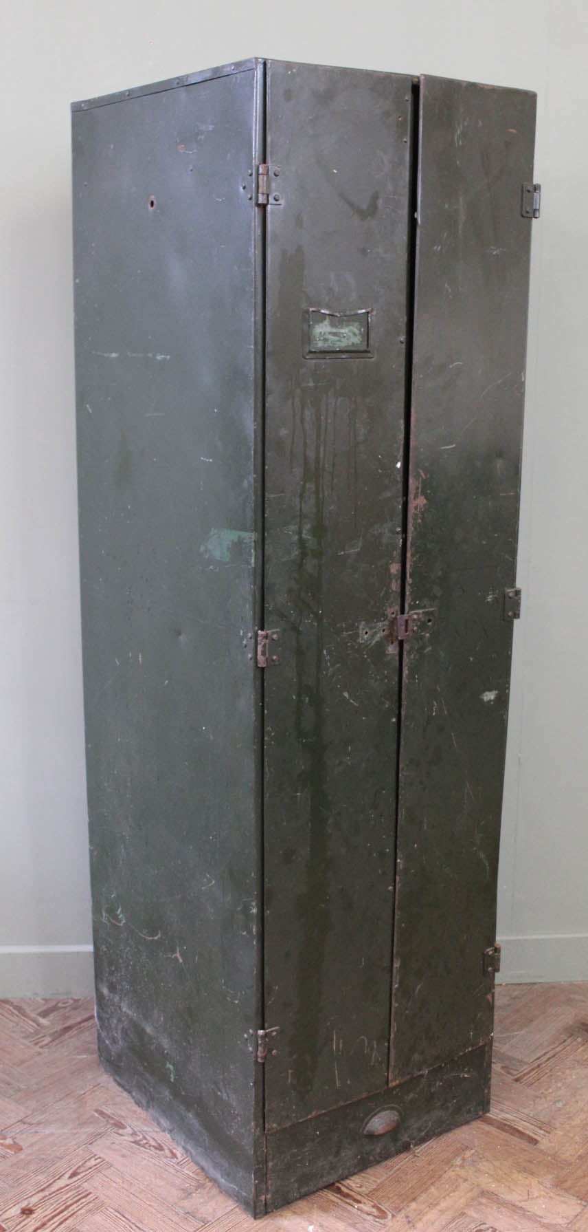 A pre-war dark green metal storage locker with internal drawer inside double locker doors and - Image 2 of 2