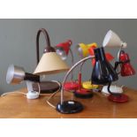 An assortment of period adjustable desk lamps and spot light (sold as collector's items only)