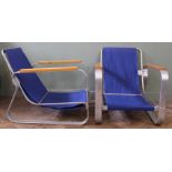 A pair of vintage blue canvas armchairs with aluminium and wooden frames