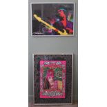 A framed Jimmi Hendrix poster and Zandra Rhodes posters
