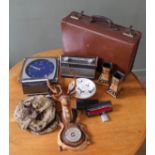 A mixed lot including a Roberts radio, a barometer on a deer's head mount, a pair of spill vases,