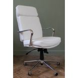 A white leather and chrome office chair