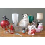 A mixed lot of 1950's style ornaments including a clock, lamp, cat ornaments,