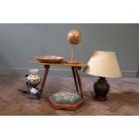 A mixed lot of items including a globe, a tapestry upholstered foot stool, coffee table, a lamp,