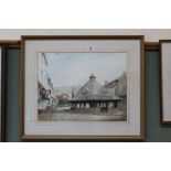 A watercolour by D U Tuffley (1910-1995) Cornish artist, Main Street Dunster, The Old Yarn Market,