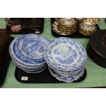 Mainly 19th Century blue and white plates including Spode, Davenport,