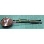 An antique childs copper warming pan with iron handle plus a pair of 18th Century brass fire tongs