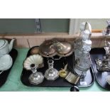 A collection of silver plated items including wirework bread basket, breakfast dish,