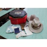 Two Stetson hats in Stetson box plus Masonic apron etc