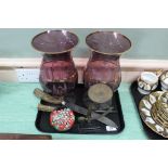A pair of mauve and gilt glass vases, signed plus postal scales,