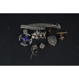 A mixed lot of jewellery including silver iona clip-on earrings, silver brooches,