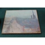 Unframed oil on canvas of a river scene with Montmartre, indistinctly signed,