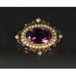 A 9ct gold amethyst and seed pearl brooch