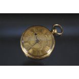 An 18ct gold pocket watch ornately engraved in black leather watch stand (the back case of watch