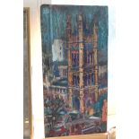 An unframed oil on board, Palace of Westminster, London in the manner of John Bratby (1928-1992),